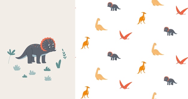 Seamless pattern cute dinosaurs mom and baby Prehistoric era Childrens illustration