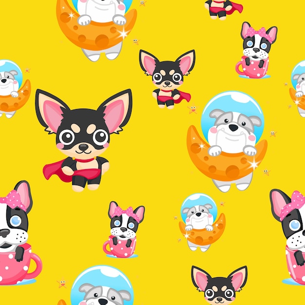 Seamless pattern cute dog animals on yellow background