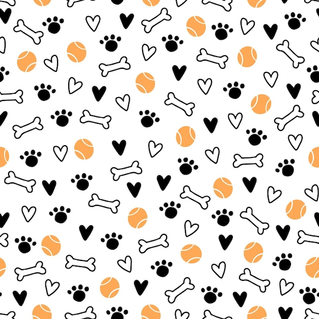 Vector seamless pattern of cute dog puppy symbol, toy, paw, footstep. cartoon funny and happy dog concept with simple shape style. illustration for background, wallpaper, textile, fabric.