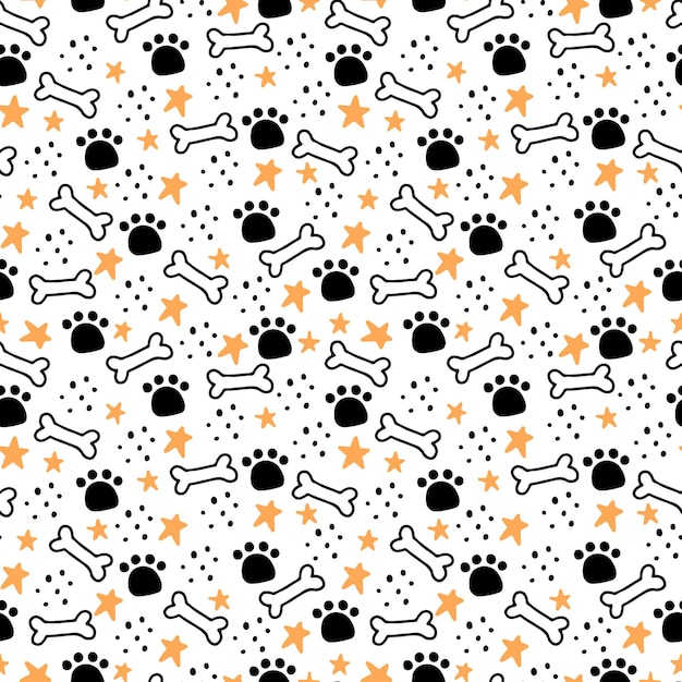 Seamless pattern of cute dog puppy symbol, toy, paw, footstep. Cartoon funny and happy dog concept with simple shape style. Illustration for background, wallpaper, textile, fabric.