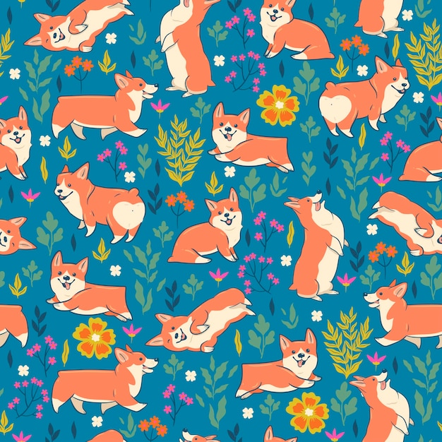 Seamless pattern of cute dogs of the Corgi breed with flowers. Vector graphics.