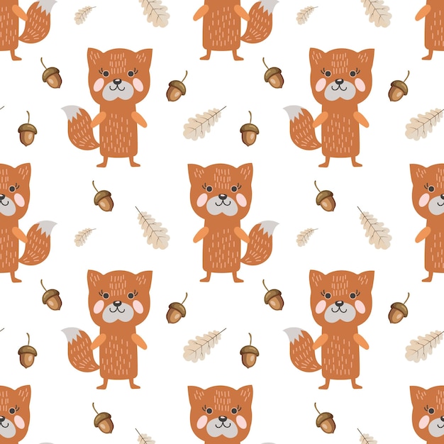 Seamless pattern, cute doodle foxes on the background of autumn leaves and acorns. Children's print