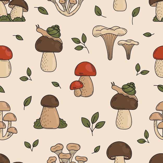 Modello senza cuciture di simpatici funghi doodle. funghi commestibili