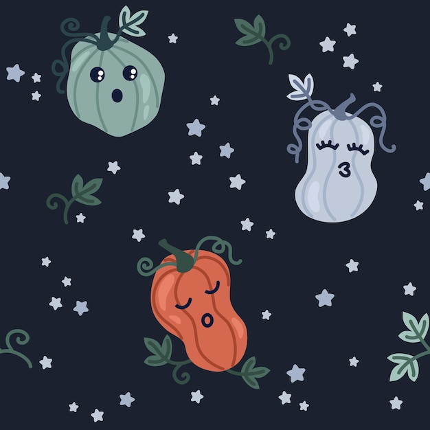 Seamless pattern cute dreaming pumpkins cartoon childish doodle style