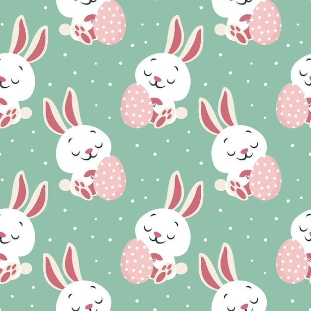 Seamless pattern cute Easter bunnies with eggs on a polka dot background Children's print