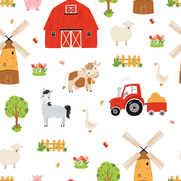 Seamless pattern of cute farm. background of farm animals in flat style. illustration with horse, cow, pig, sheep, barn, tavern, mill for wallpaper, fabric, textile, wrapping paper design. vector