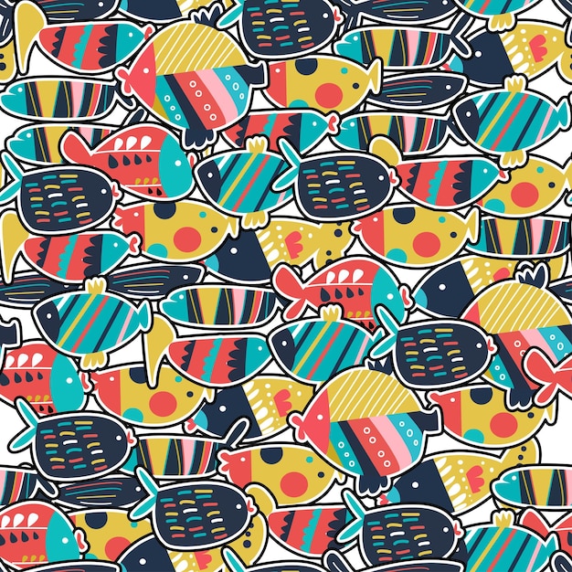 Seamless pattern of the cute fishes set