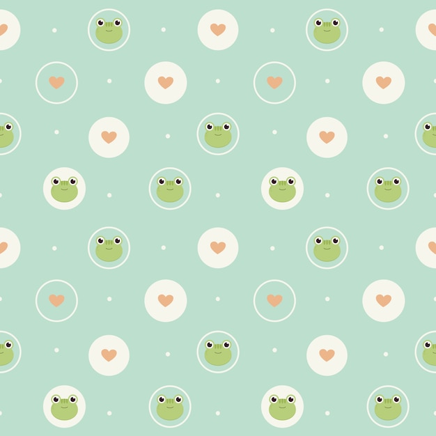 The seamless pattern of cute frog and heart in the white circle and on the green background. the pattern of cute frog and heart. the character of cute frog in flat  style.