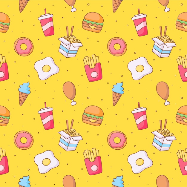 Vector seamless pattern cute funny fast food kawaii style icons