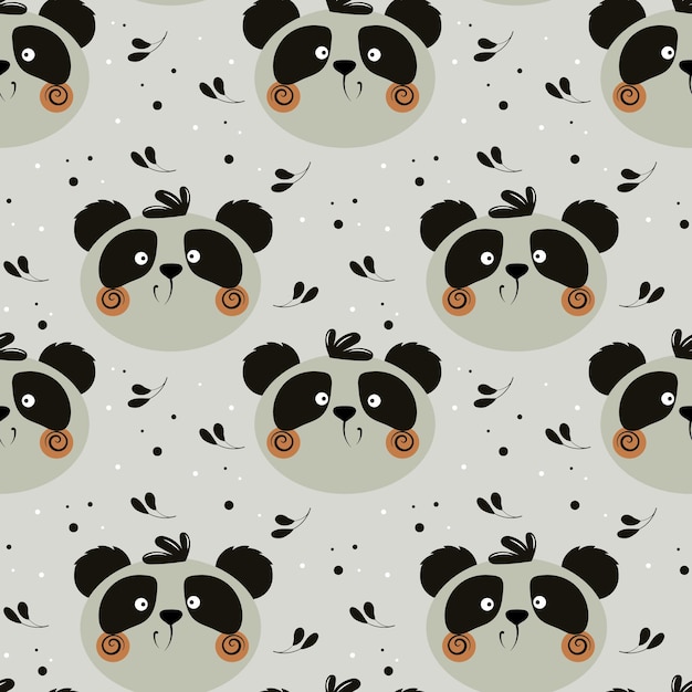 シームレスなパターン葉とドットで背景にかわいい面白いパンダの顔子供のための印刷