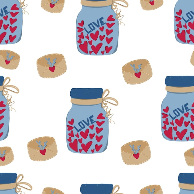 Seamless pattern Cute glass jar with hearts inside