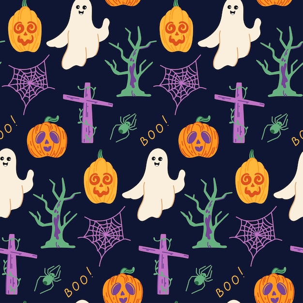 Seamless pattern of cute halloween ghosts and pumpkins on blue background