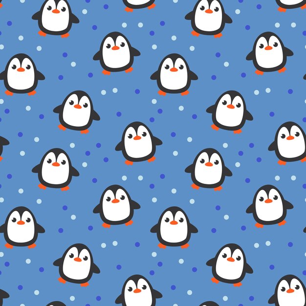 Seamless pattern cute happy penguin on a blue background and polka dots Cheerful print