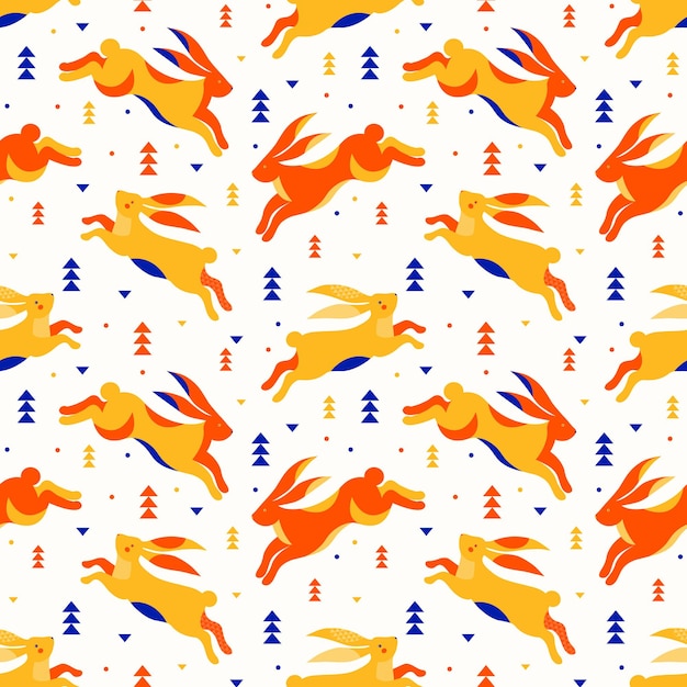 Бесшовный рисунок милые зайцы прыгают и бегают по зимнему лесу Красочный праздничный фон забавные кролики Китайский зодиак Символ кролика Векторная плоская иллюстрация в стиле геометрического минимализма
