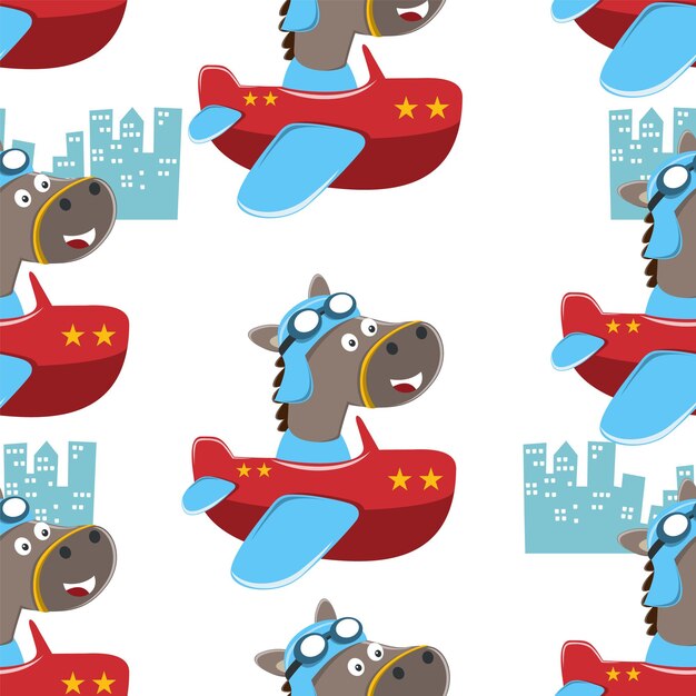 Seamless pattern of cute horse flying in an airplane Creative vector childish background