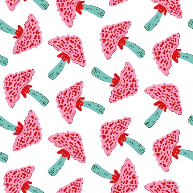 Vector seamless pattern cute illustration of red mushroom