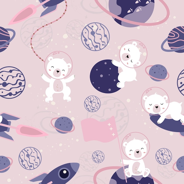 Seamless pattern cute kawaii cartoon bear in space. Bear astronaut, star, planet, rocket. Space bear