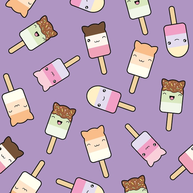 Vector seamless pattern of cute kawaii style ice cream bars