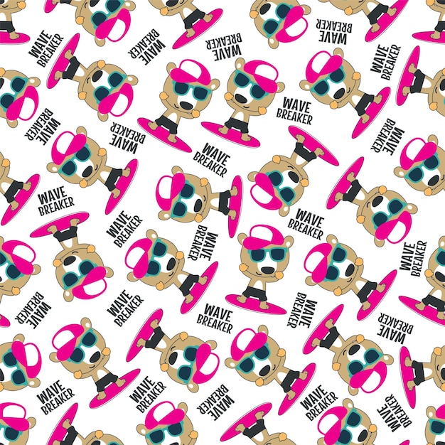 Vector seamless pattern of cute little bear with a surfboard can be used for tshirt print