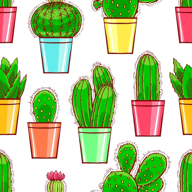 Seamless pattern of cute little cactuses in flowerpot