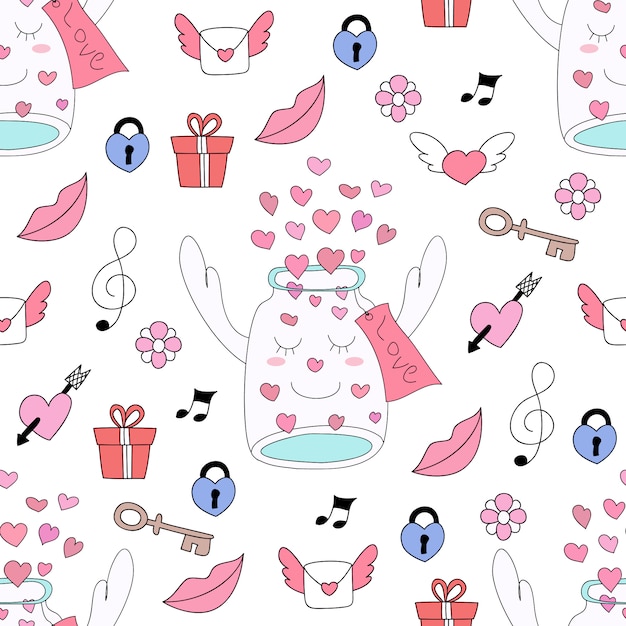 Seamless pattern cute love cartoon hand drawn style.