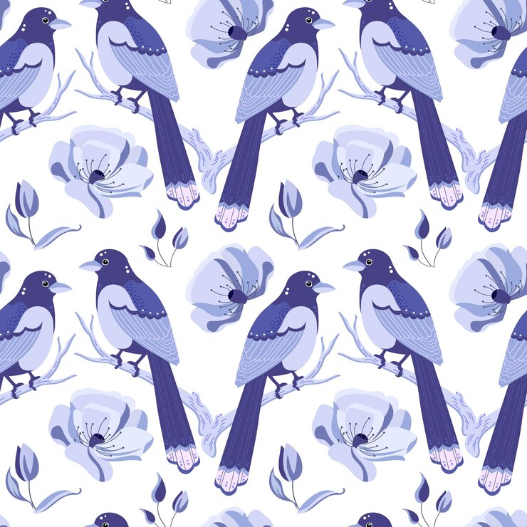 Vector seamless pattern cute magpie birds and delicate lilac flowers on a white background