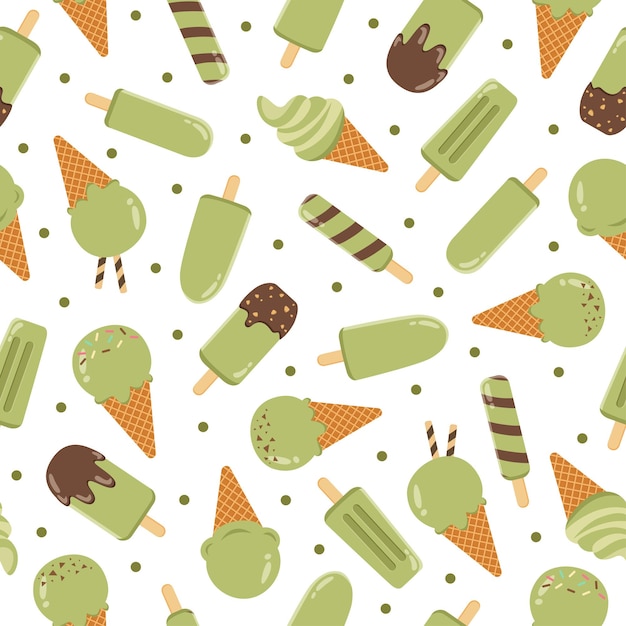 Vector seamless pattern of cute matcha ice cream cartoon