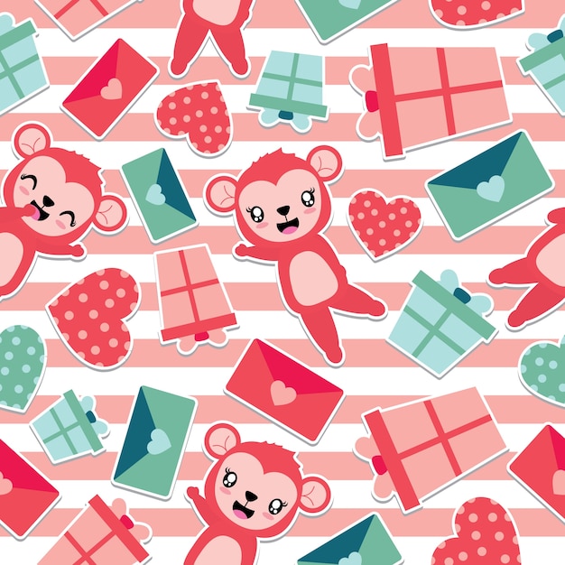 Vector seamless pattern of cute monkey and valentine elements