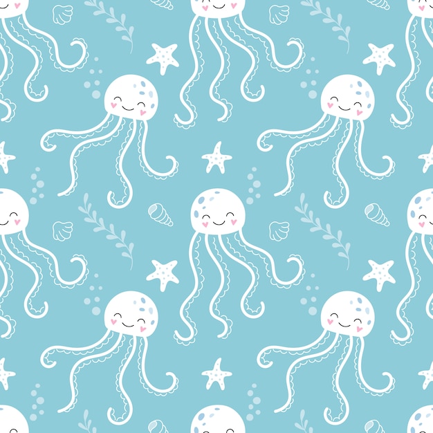 Vector seamless pattern of cute octopuses, underwater world.