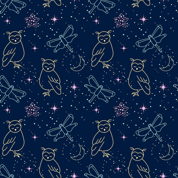 Бесшовный рисунок милые совы мотыльки луна и звезды на голубом ночном небе