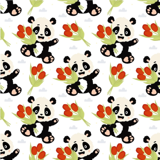 Modello senza cuciture panda carino con bouquet di tulipani su sfondo bianco collezione vector kids