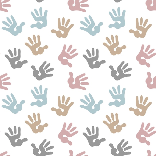 Vector seamless pattern, cute prints of children's hands in pastel colors on a white background. print