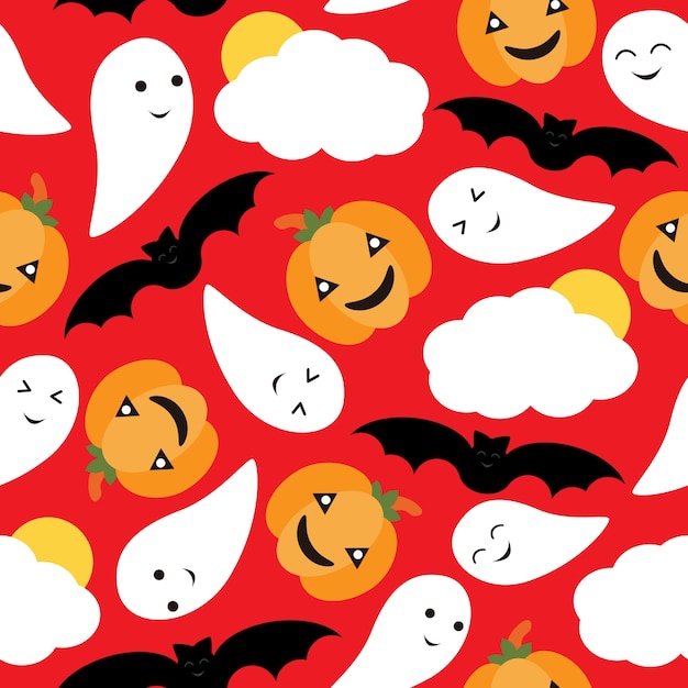 Seamless pattern of Cute pumpkin, bat and ghost vector cartoon on red background, Halloween wallpaper, scrap paper, and postcard, T-shirt design for kids