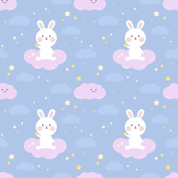 Seamless pattern cute rabbit sit on the cloud.