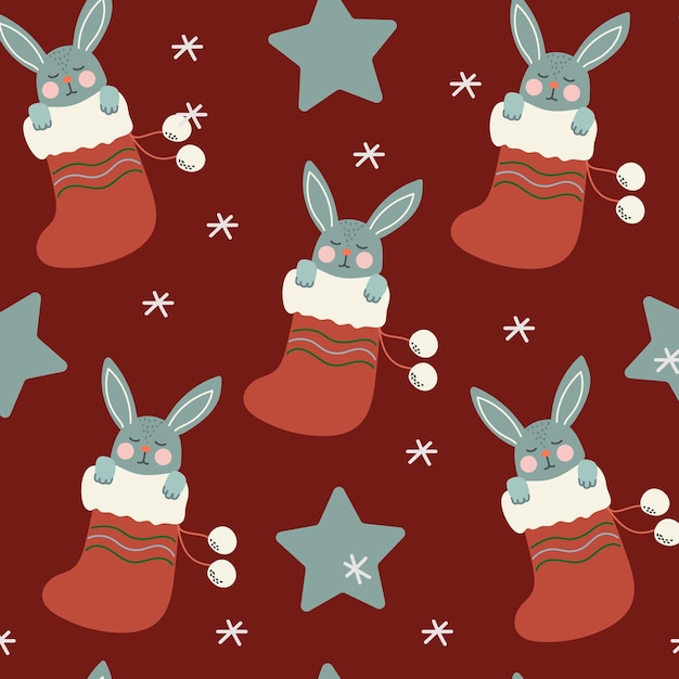 Seamless pattern Cute rabbit sleeps  Holiday hand drawn vector design