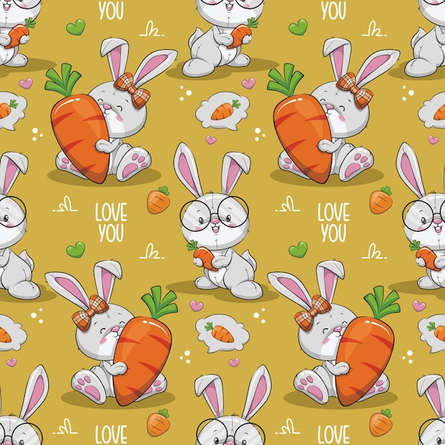 Seamless Pattern Cute Rabbit With Carrot. Cartoon Illustration