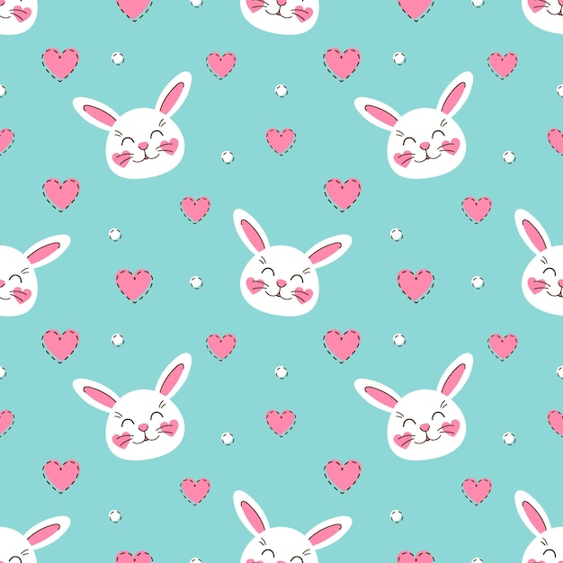 Seamless pattern cute rabbits with hearts on blue background. White happy bunny