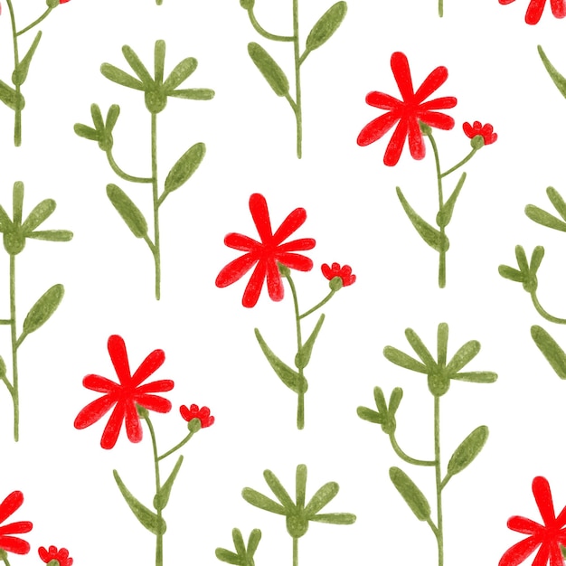 Seamless pattern of cute red flowers and wild green grasses