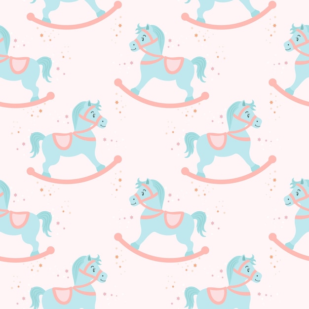 Seamless pattern cute rocking horses on a background with stars Pastel colors Baby shower