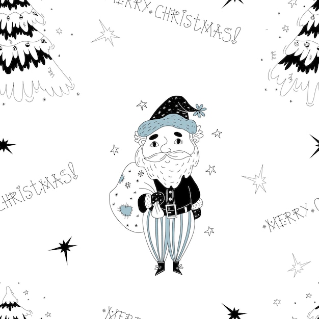 Seamless pattern. Cute Santa Claus with bag and Christmas tree with balls. Outline pattern