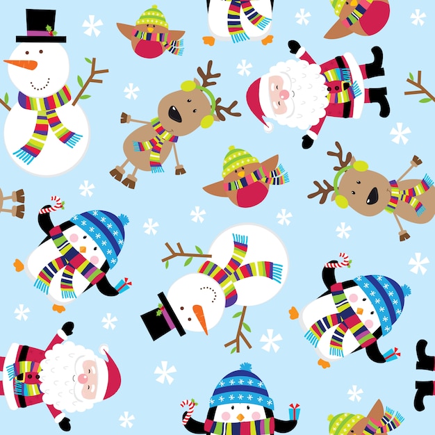 Vector seamless pattern of cute santa and friends