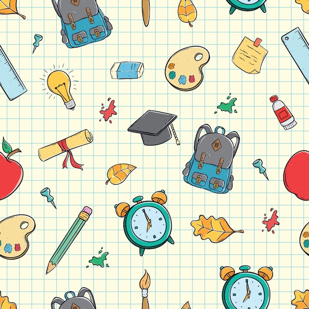 Vector seamless pattern of cute school supplies using doodle art on paper background