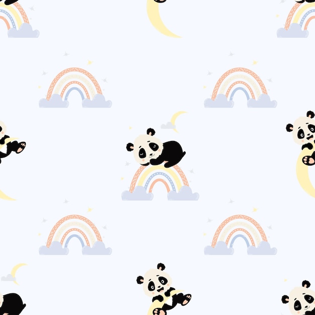 シームレスパターン虹のかわいい眠っているパンダと月のクマの子スカンジナビアの子供たちのコレクション