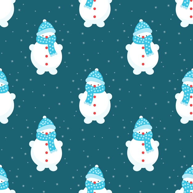 Seamless pattern, cute snowmen in a scarf and hat on a background with snowflakes.