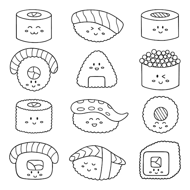 かわいい寿司とロールのシームレスなパターンは、スケッチ スタイルの手描きのベクトル図で日本食を落書き