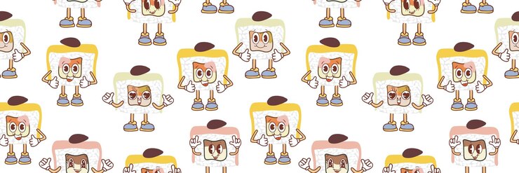 Vector seamless pattern of cute sushi and rolls icons in kawaii style with smiling face and pink cheeks japanese traditional cuisine dishes white background