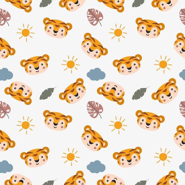 Seamless pattern of cute tiger cartoon with sun and clouds