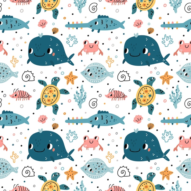 Seamless pattern cute underwater life Funny cartoon ocean characters marine world creations aquatic animals fishes and seaweed whale and turtle on white background Decor textile vector print