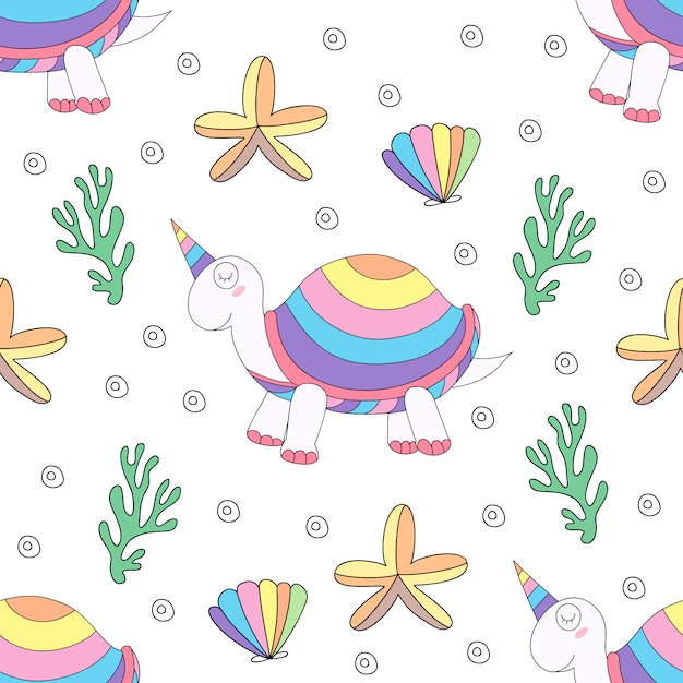 Seamless pattern cute unicorn cartoon hand drawn style.