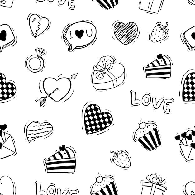 Modello senza cuciture delle icone di san valentino carino con stile doodle